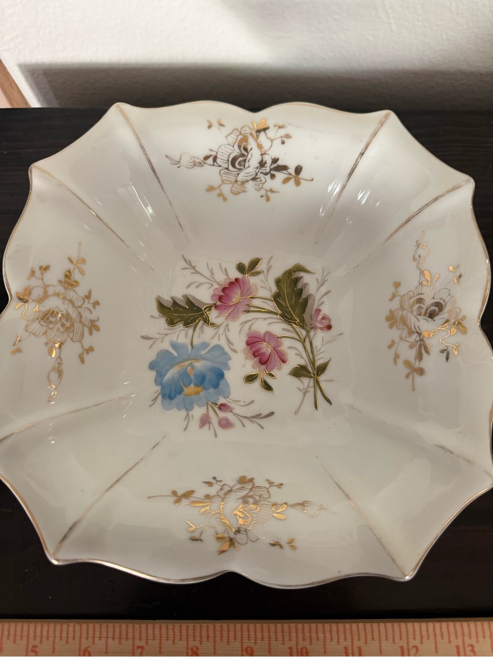 Porcelain Floral Serving Bowl in White with Blue, Pink & Gold Accents